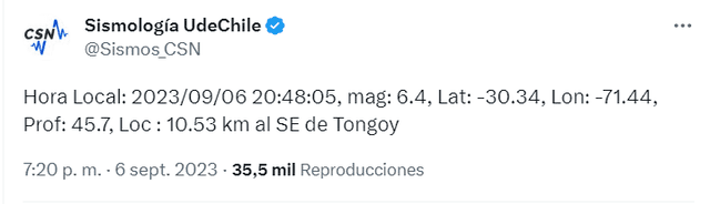  Tuit que registró la magnitud del sismo en Región de Coquimbo.    