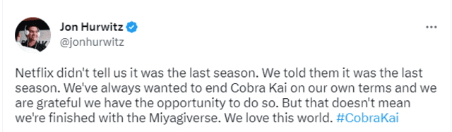 Pronunciamiento vía Twitter del showrunner de Cobra Kai sobre la cancelación de la serie.    