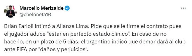 Brian Farioli asegura estar 100% para jugar y amenaza con demandar a Alianza Lima ante la FIFA