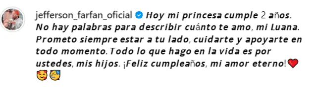 Jefferson Farfán se emociona y dedica mensaje a su hija menor por su cumpleaños.  