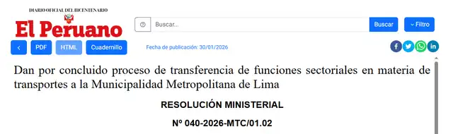 Resolución Ministerial N.º 040-2026-MTC/01.02.