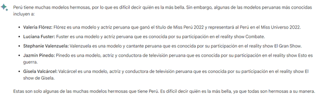  Respuesta de Google Bard sobre la mujer más bella de Perú.    