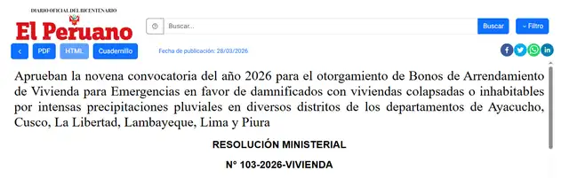 Resolución Ministerial N.° 103-2026-VIVIENDA.