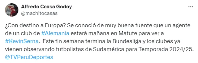 Periodista de TV Perú anuncia que agente de un club alemán estará en Matute. Foto: X   