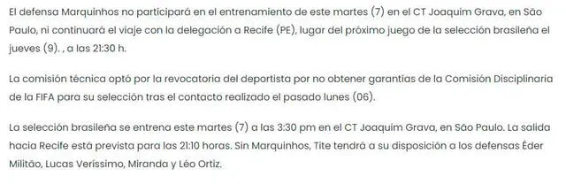 Comunicado de la CBF sobre Marquinhos. | FUENTE: Confederación de Brasil. Comunicado de la CBF sobre Marquinhos. | FUENTE: Confederación de Brasil.