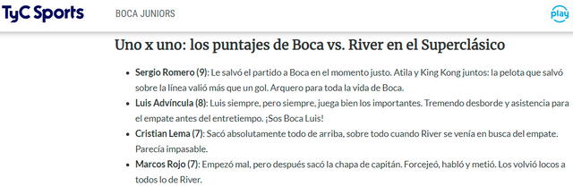 El puntaje que le pusieron a Boca Juniors. / Foto: TyC Sports.   