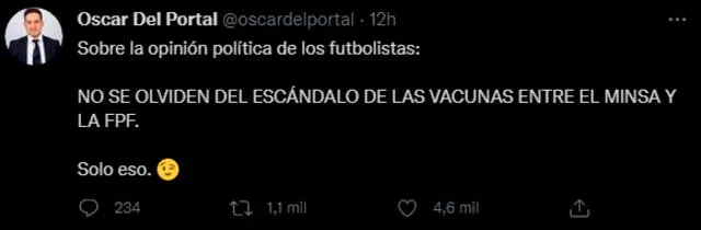 Del Portal cuestionó posición de los futbolistas. | FUENTE: Twitter.   