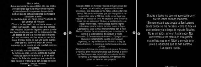 El comunicado de Marcelo Tinelli para despedirse de San Lorenzo. / FUENTE: Instagram.   