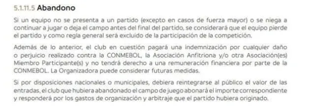 Las reglas de Conmebol en caso un equipo abandone el partido.