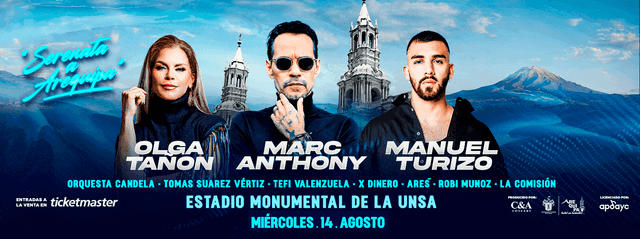 Serenata a Arequipa: Marc Anthony, Olga Tañón y Manuel Turizo se presentarán en el aniversario.