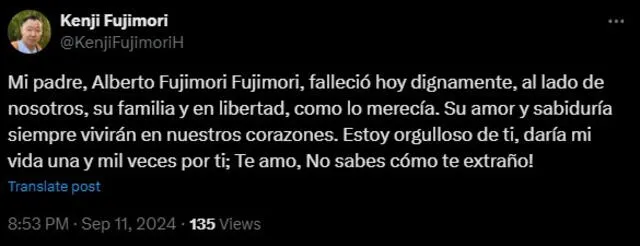 Kenji Fujimori se pronunció tras la muerte de su padre Alberto Fujimori.