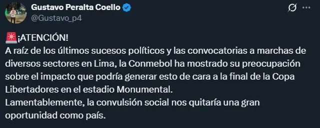 Información sobre la final de la Copa Libertadores. Foto: X/Gustavo Peralta Información sobre la final de la Copa Libertadores. Foto: X/Gustavo Peralta