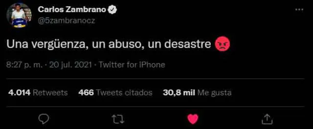 Carlos Zambrano explotó contra la Conmebol. | FUENTE: Twitter.   