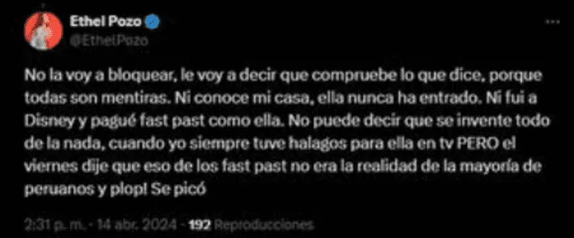 Ethel Pozo responde qué acciones tomará tras declaraciones de Natalie Vértiz.   