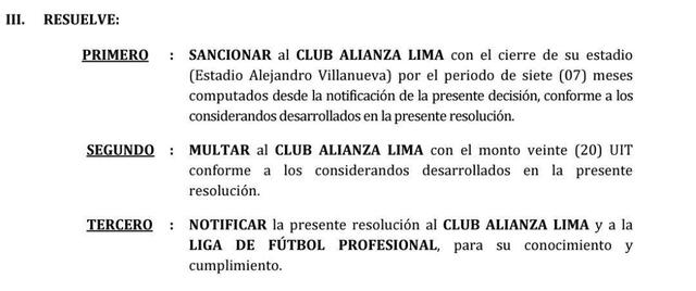 FPF sanciona a Alianza Lima.   