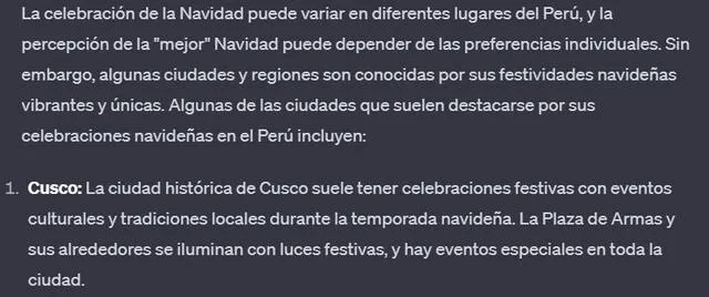Cusco fue elogiada por ChatGPT debido a sus celebraciones festivas en Navidad.