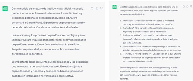  Respuesta de ChatGPT sobre el posible regreso de Shakira y Gerard Piqué.    