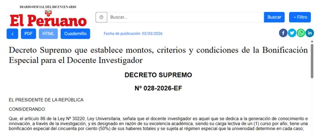 Bono para docente universitario ha sido aprobado en el diario oficial El Peruano.