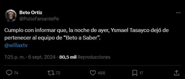  <strong>Ysmael Tasayco, exproductor de 'Beto a saber', fue despedido el 5 de septiembre</strong>.   