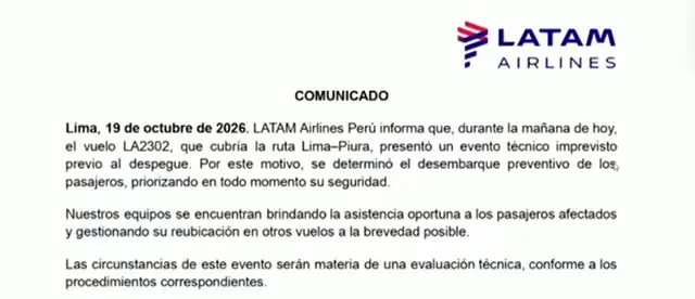 Comunicado de LATAM Airlines Perú.