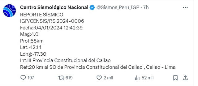 Un nuevo sismo remece Lima con epicentro en el Callao.