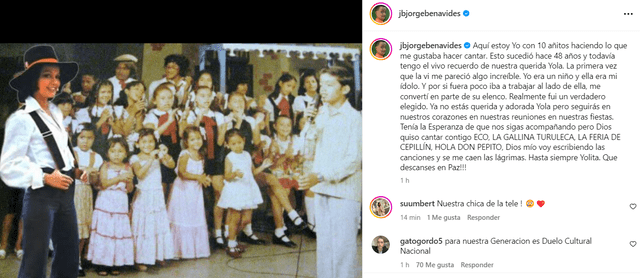 Jorge Benavides lamenta el fallecimiento de Yola Polastri.  