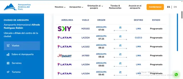 Vuelos programados en el Aeropuerto de Arequipa.