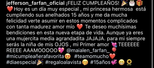  Jeffersón Farfán repostea mensaje a su hija en Instagram.    