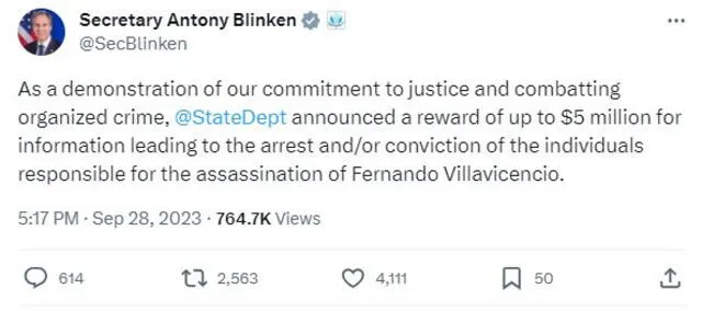 El secretario de Estado, Antony Blinken mencioó que EEUU ofrecerá recompensa por saber de los responsables del magnicido en Ecuador. | Foto: Twitter.   