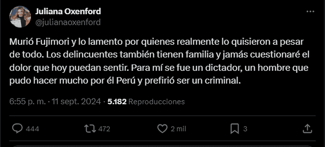 <em>Juliana Oxenford se pronuncia tras la muerte del exdictador Alberto Fujimori. Captura: Instagram</em>   