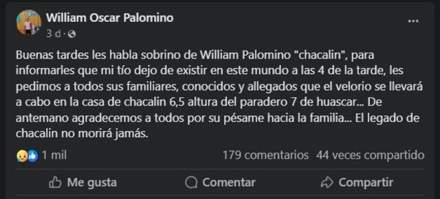  Familiares, amigos y seguidores despiden a Chacalín/ Facebook William Óscar Palomino.    