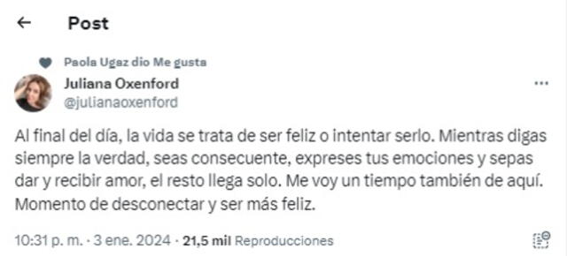 Juliana Oxenford anunció que se tomará un descanso de las redes.