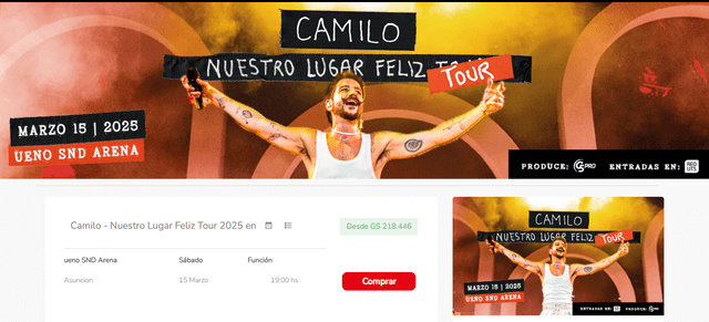  Precio de entradas para ver a Camilo en Paraguay 