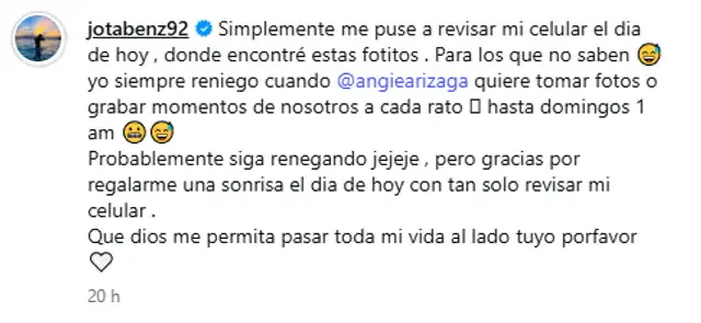 Jota Benz se sinceró y revelo qué acción de Angie Arizaga le hace renegar. Foto: Instagram.   