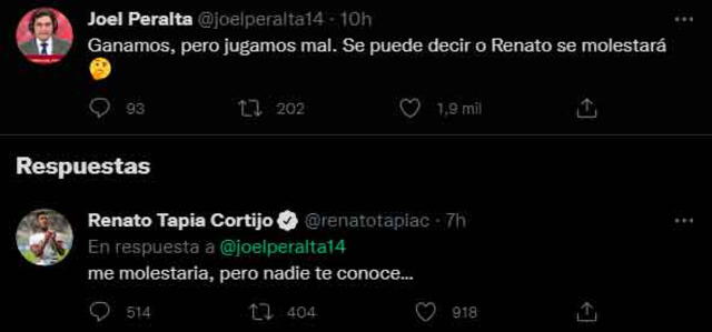 Mensaje de Renato Tapia que causó polémica. | FUENTE: Twitter. 
