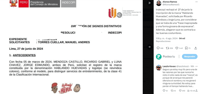 Indecopi rechaza que Jorge Luna y Ricardo Mendoza tengan derechos sobre 'Hablando Huevadas