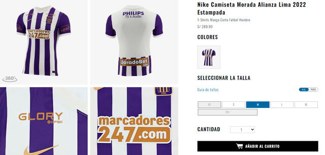 La camiseta morada de Alianza Lima cuesta 289.90 soles. / FUENTE: Marathon Sports.   