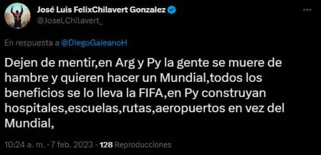 El duro mensaje de José Luis Chilavert contra la organización del Mundial 2030 en Sudamérica. / Imagen: Twitter.   