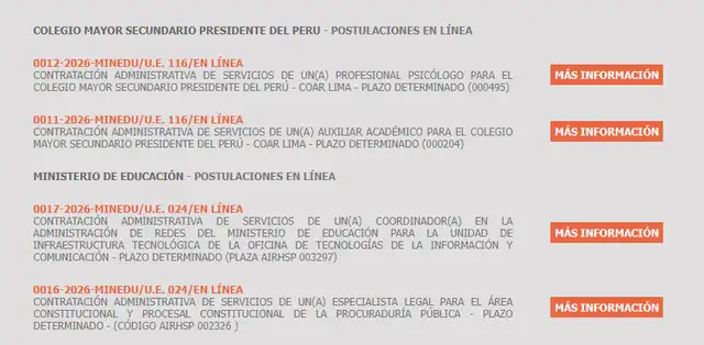Convocatoria laboral CAS Minedu 2026.