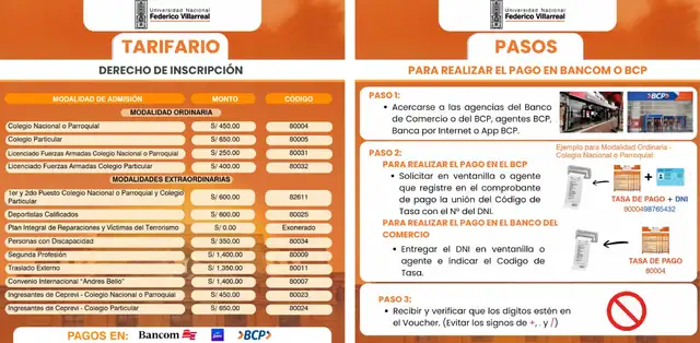 ¿Cuáles son los pagos para acceder al examen de admisión de la UNFV?