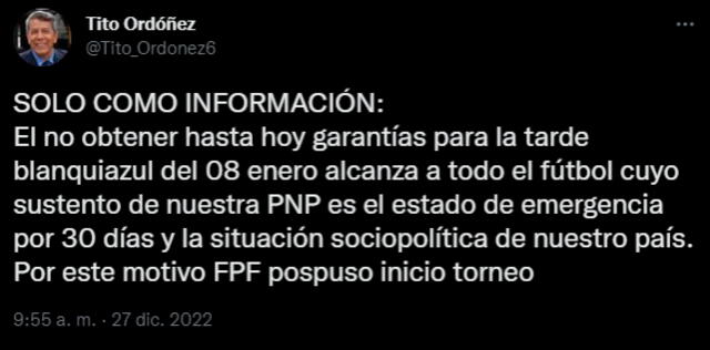 El mensaje de Tito Ordóñez sobre la Tarde Blanquiazul que preocupa al hincha aliancista. / Imagen: Twitter.   