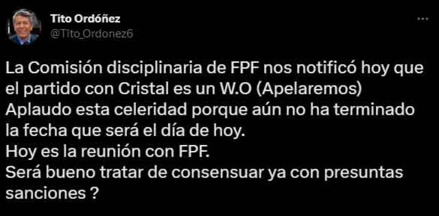 Tito Ordoñez anunció que Alianza Lima apelará contra la FPF. / Imagen: Twitter.   