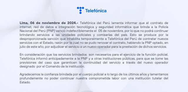 Telefónica culmina contrato definitivo de internet con la PNP por una insólita razón