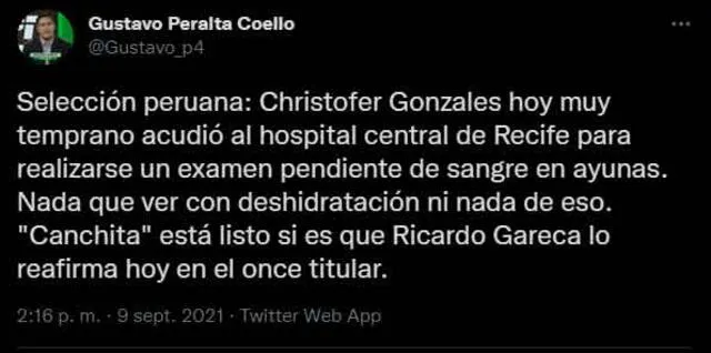El periodista Gustavo Peralta brindó información sobre el estado de salud de González. | FUENTE: Twitter.   