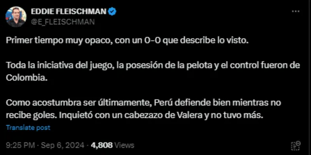 Eddie Fleischman crítica juego de la Selección Peruana ante Colombia. Foto: X/Captura de pantalla