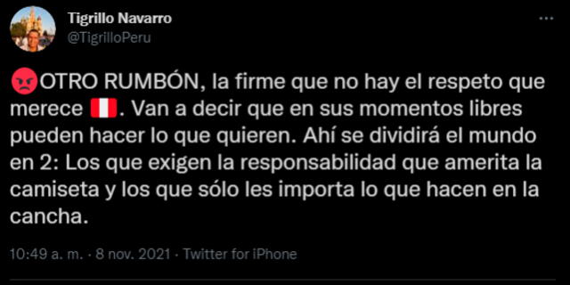 El tuit de Carlos Navarro que abrió la puerta de un posible escándalo de la selección peruana. | FUENTE: Twitter.   