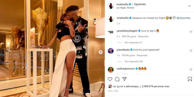 El caluroso beso entre Mia Khalifa y Jhay Cortez que confirmó la relación - FUENTE: Instagram.   