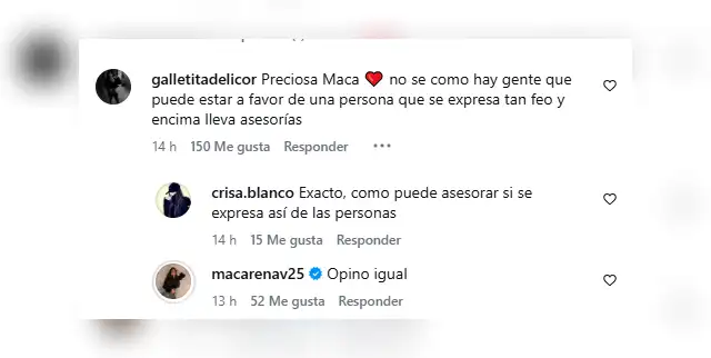 Macarena apoya comentario de seguidora luego que criticara a Johana Cubillas por insultarla. Foto: Instagram. Macarena apoya comentario de seguidora luego que criticara a Johana Cubillas por insultarla. Foto: Instagram.