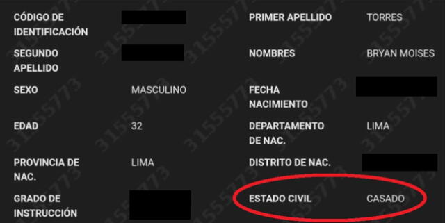 Bryan Torres, pareja de Samahara Lobatón, figura en Reniec como casado.