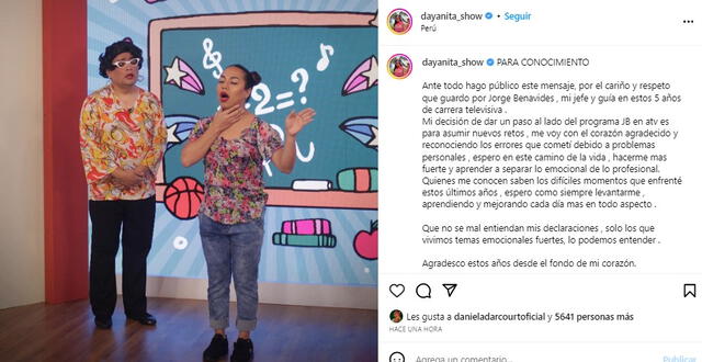 Post de Dayanita que fue eliminado a las pocas horas.   